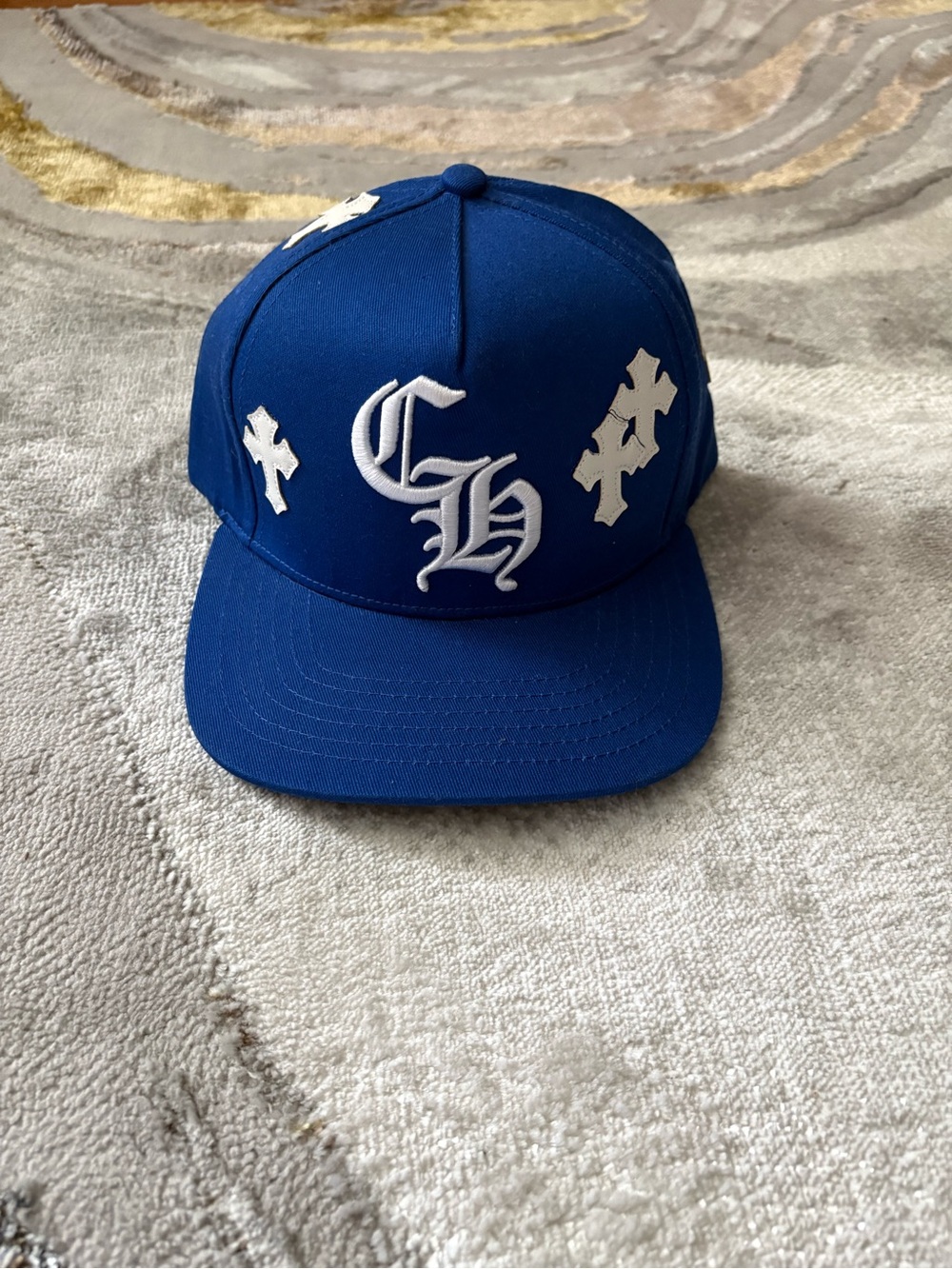 Chrome Hearts Royal Blue Snapback Hat with White Cross Embroidered Logos